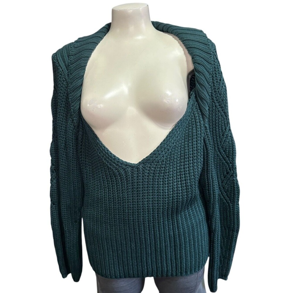 Express Women's Sweater V-Neck Chunky Cable Knit Green Size XL‎